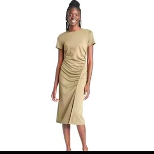 A New Day-Womens Side Ruched Dress SHORT SLEEVE MIDI OLIVE GREEN SIZE SMALL NWT